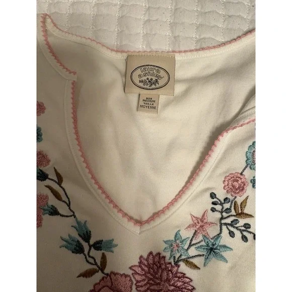 Laura Ashley Long Sleeve V Neck Top, Pink And Blue Embroidery, Medium - Picture 3 of 9